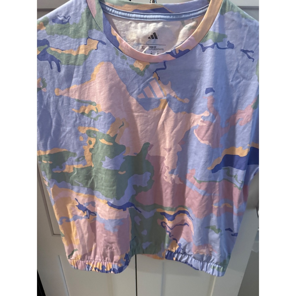 Adidas Girls XL 16 Pastel Camo Loose Fit Bubble Hem T-Shirt PurMulticolor